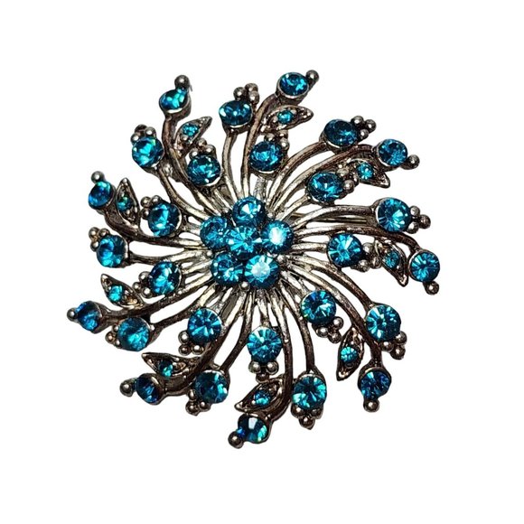 Vintage Turquoise Rhinestone Crystal Flower Swirl Blue Pin Brooch - Picture 4 of 16
